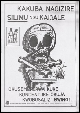 A skull and bones on a grave next to a small picture top left of a couple holding hands, a reminder that AIDS can cause death by the AIDS Control Programme, Ministry of Health, Uganda. Lithograph, ca. 1990's.