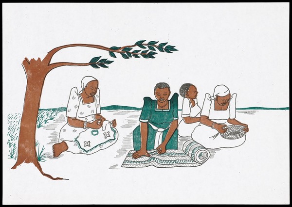 Four women sit emboidering and making rugs in a rural setting; representing women who have avoided AIDS and are supporting themselves financially; an AIDS prevention advertisement by the AIDS Control Programme, Ministry of Health, Uganda. Colour lithograph, ca. 1995.