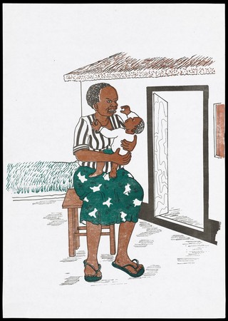 A mother sits on a stool nursing an infant in her arms outside her simple house suggesting she is supporting herself and has avoided AIDS; an AIDS prevention advertisement by the AIDS Control Programme, Ministry of Health, Uganda. Colour lithograph, ca. 1995.