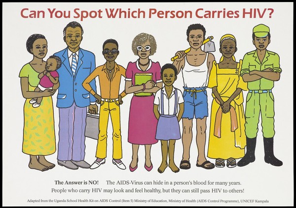 A group of men, women and children representing the difficulty in spotting who carries the HIV virus. Colour lithograph, ca. 1995 (?).