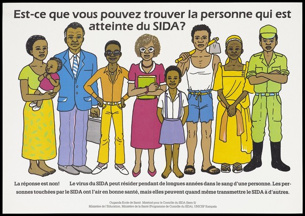 A group of men, women and children representing the difficulty in spotting who carries the HIV virus (French version). Colour lithograph, ca. 1995 (?).