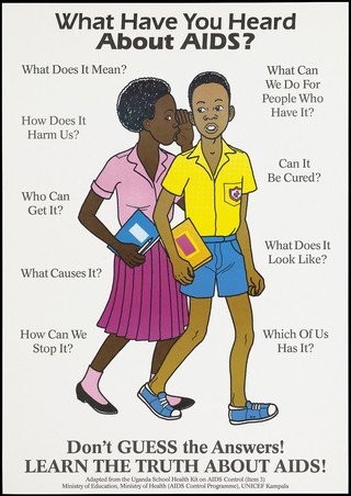 A school girl whispers into the ear of a boy 'What have you heard about AIDS?''; an advertisement for AIDS education from the Ministry of Health AIDS Control Programme (English version). Colour lithograph, ca. 1995 (?).
