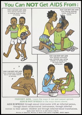 Four illustrations demonstrating ways in which you can not get AIDS from; an advertisement for AIDS education from the Ministry of Health AIDS Control Programme (French version). Colour lithograph, ca. 1995 (?).