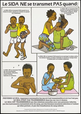 Four illustrations demonstrating ways in which you can not get AIDS from (French version); an advertisement for AIDS education from the Ministry of Health AIDS Control Programme. Colour lithograph, ca. 1995 (?).