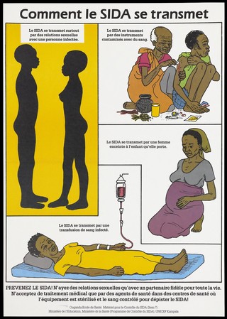 Illustrations showing how AIDS is spread including two naked figures for sexual intercourse, a man being injected with infected blood, an infected woman during pregnancy and an infected blood transfusion; an advertisement for AIDS education from the Ministry of Health AIDS Control Programme (French version). Colour lithograph, ca. 1995 (?).