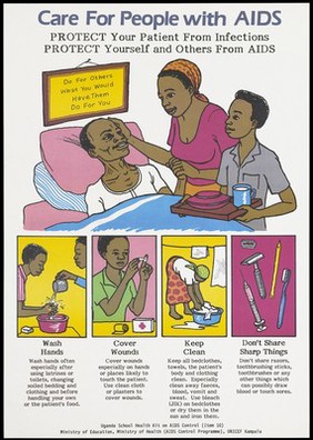 A woman and child caring for a man sick with AIDS in bed with further illustrations demonstrating how to protect from and prevent AIDS; an advertisement for AIDS education from the Ministry of Health AIDS Control Programme. Colour lithograph, ca. 1995 (?).