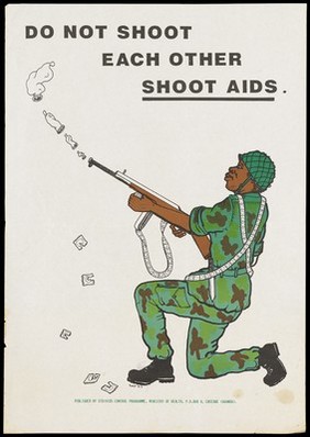 A soldier in military uniform fires condoms from his gun representing an advertisement for safe sex to prevent AIDS by the STD/AIDS Control Programme, Ministry of Health, Uganda. Colour lithograph by Bayo, D.S., 1996.