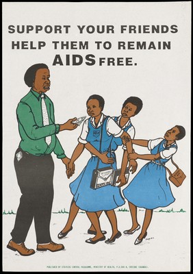 A school girl being pulled away from a man offering her money for sex; an advertisement for safe sex to prevent AIDS by the STD/AIDS Control Programme, Ministry of Health, Uganda. Colour lithograph by Bayo, D.S., 1993.