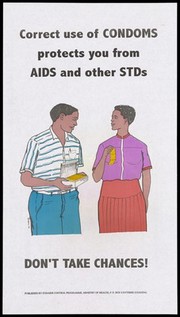 A woman holding up packets of condoms from a box opened by a man standing beside her; an advertisement for safe sex to prevent AIDS by the STD/AIDS Control Programme, Ministry of Health, Uganda. Colour lithograph by Tahley (?), 1995.