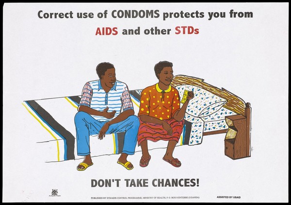 A man sitting on the edge of a bed beside a woman who is holding up packets of condoms; an advertisement for safe sex to prevent AIDS by the STD/AIDS Control Programme, Ministry of Health, Uganda. Colour lithograph by Tahley (?), ca. 1995.