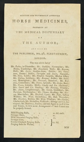 Genuine and universally approved horse medicines : prepared at the medical dispensary of the author : and sold by the publisher, no. 46, Fleet-Street, London.