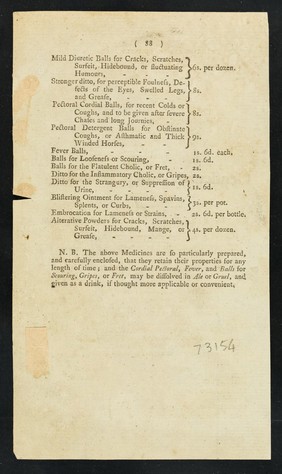 Genuine and universally approved horse medicines : prepared at the medical dispensary of the author : and sold by the publisher, no. 46, Fleet-Street, London.