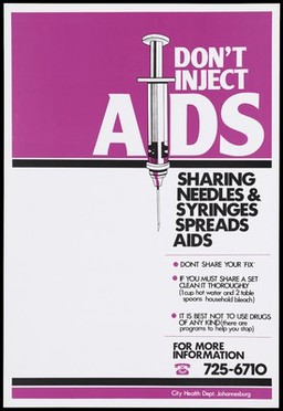 A syringe forming the 'i' of the word 'AIDS'; a warning about the dangers of spreading AIDS through sharing needles and syringes. Colour lithograph, ca. 1990's (?).