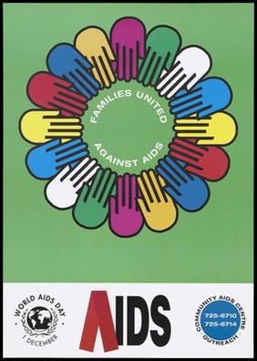 Multicoloured hands forming a flower-like circle around the lettering 'Families United Against AIDS'; an advertisement for World AIDS Day by the Community AIDS Centre in South Africa. Colour lithograph, 199-.