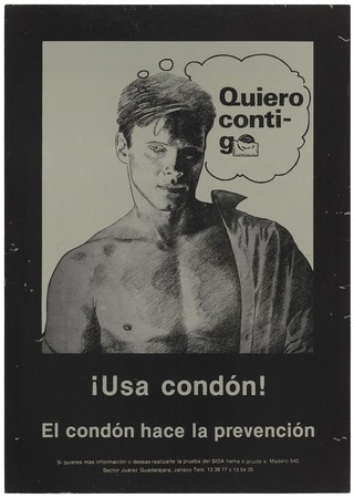 A semi naked man with a shirt hanging off one shoulder and a condom beside him; a safe-sex and AIDS prevention advertisement from Guadalajara, Mexico. Colour lithograph, ca. 1994.