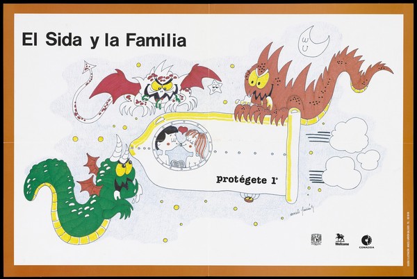 Three sea monsters with devils horns and tails attempt to attack a submarine in the form of a condom in which a couple can be seen kissing through the port hole; an AIDS prevention advertisement for families. Colour lithograph, ca. 1997.