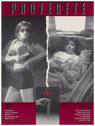A prostitute wearing a mini skirt and sun glasses holding bank notes with one hand on her hip; a woman lying sick in bed with AIDS; a warning about the dangers of unsafe sex and AIDS by Programa Compañeros. Colour lithograph, ca. 1995.