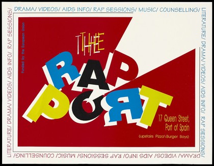 The rap port, an advertisement about literature, drama, videos, rap sessions and AIDS information available in Trinidad and Tobago. Colour lithograph, ca. 1995.