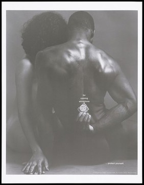 A naked black man hides a condom behind his back as he sits with his female partner; a safe-sex advertisement by the National AIDS Programme of Trinidad & Tobago. Lithograph by Jeffrey Chock, ca. 1995.