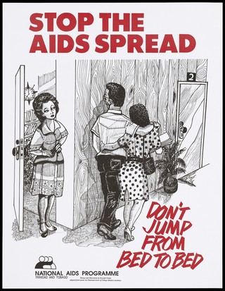 A man walking arm in arm with a woman looks back with temptation at another woman standing in a doorway representing a warning to stick to one partner; a safe-sex advertisement by the National AIDS Programme of Trinidad & Tobago. Colour lithograph by Everald Clarke, ca. 1990's.