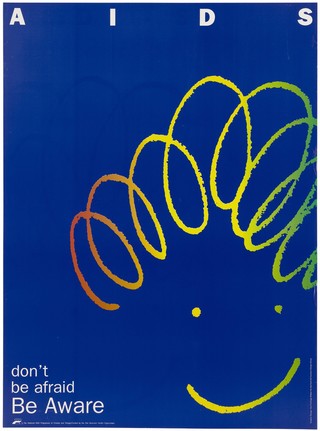 A face drawn in orange, green and yellow lines representing an AIDS awareness advertisement by the National AIDS Programme of Trinidad & Tobago. Colour lithograph by Illya Furlonge-Walker, ca. 1996.