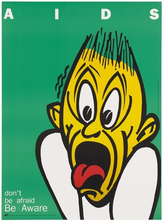 A terrified looking yellow face with a red tongue against a green background representing an advertisement for AIDS awareness by the National AIDS Programme of Trinidad & Tobago. Colour lithograph by Illya Furlonge-Walker, ca. 1996.