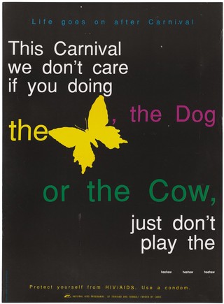 A yellow butterfly representing part of a message that life goes on after the Trinidad Carnival; a safe-sex advertisement by the National AIDS Programme of Trinidad and Tobago. Colour lithograph by Illya Furlonge-Walker, ca. 1995.