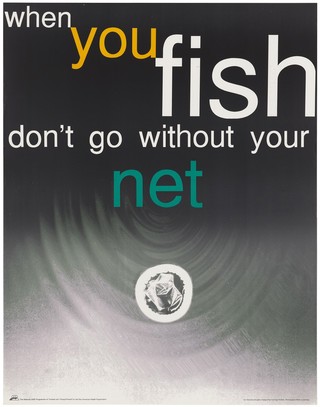 A message about not fishing without your net, a condom; a safe-sex advertisement by the National AIDS Programme of Trinidad and Tobago. Colour lithograph by Illya Furlonge-Walker and Mark Lyndersay, ca. 1995.