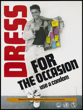 A man holding one side of his jacket open to reveal numerous coloured packets of condoms; a safe-sex and AIDS prevention advertisement by the National AIDS Programme, Belize. Colour lithograph by Cubola Productions, 1991.