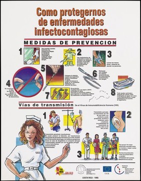 A nurse points to an illustrated list of ways in which AIDS can be prevented and how it is transmitted by the Fundasida, Department of AIDS control, Ministry of Health, Costa Rica. Colour lithograph1995.