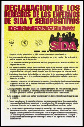 Ten commandments issued as a declaration of rights for those who are HIV positive or who have AIDS by the Republica de Panama, Ministerio de Salud. Colour lithograph, ca. 1996.