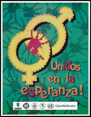 The male and female sign with one red hand print against a backdrop of numerous green hand prints with a message about hope; an AIDS prevention advertisement sponsored by numerous health organisations in Panama, the World Health Organisation and GlaxoWellcome. Colour lithograph, ca. 1997.