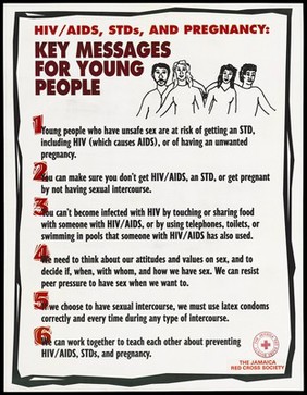 A list of 6 key messages about HIV/AIDS, STD's and pregnancy for young people in Jamaica by the Jamaica Red Cross Society. Colour lithograph, ca. 1995.