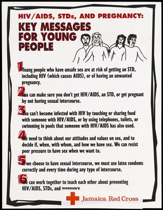 A list of 6 key messages about HIV/AIDS, STD's and pregnancy for young people in Jamaica by the Jamaica Red Cross Society. Colour lithograph, ca. 1995.