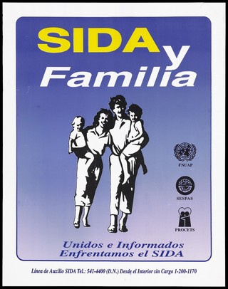 A man and woman holding their children representing information about AIDS for families through the AIDS Helpline. Colour lithograph, ca. 1995.