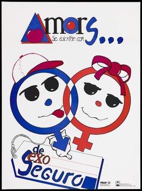 Two personified male and female symbols, the male wearing a condom with a rope bearing the label 'de sexo seguro'; a safe-sex and AIDS prevention advertisement by Fondo de Población de las Naciones Unidas and Centro Nacional de Educacion para la salud Ministerio de Salud Publica, Cuba. Colour lithograph, ca. 1996.