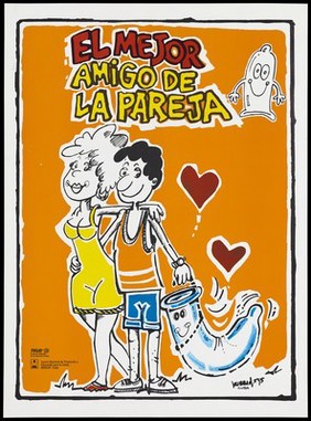 A couple dragging along a condom as though it is a dog on a lead; a safe-sex and AIDS prevention advertisement by Fondo de Población de las Naciones Unidas and Centro Nacional de Educacion para la salud Ministerio de Salud Publica, Cuba. Colour lithograph by Kumand (?), 1995.