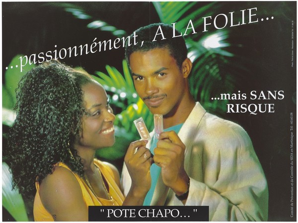 A couple hold up condoms representing a safe sex and AIDS prevention advertisement by the Comité de Prévention et de Contrôle du SIDA en Martinique. Colour lithograph by Patrick Josse, ca. 1995.