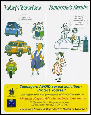 Girls watching cars cruise and pick up teenage prostitutes representing today's behaviour and tomorrow's results represented by a girl dying of AIDS in bed and a pregnant teenager; a warning about safe sex to prevent AIDS by the Guyana Responsible Parenthood Association. Colour lithograph, ca. 1997.