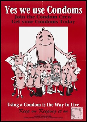 A large personified condom proudly gathers his arms around a group of condoms in a variety of guises; a safe-sex and AIDS prevention advertisement by the National AIDS Secretariat, Guyana. Colour lithograph, ca. 1996.