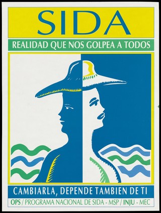 The left and right profile of a figure wearing a hat in blue and white representing an AIDS awareness advertisement by the Pan American Health Organization. Colour lithograph, ca. 1995.