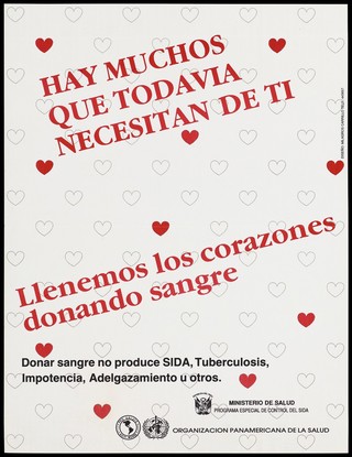 Hearts, some filled with red representing an appeal for blood donors by the Ministerio de Salud and Organizacion Panamericana de la Salud. Colour lithograph by Milagros Carrillo, ca. 1995.
