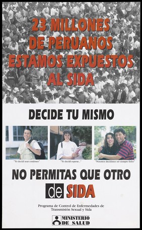 A crowd of people with three further images of a man, a woman and a couple below showing how they are protecting themselves from AIDS; an AIDS prevention advertisement by the Ministerio de Salud, Peru. Colour lithograph, ca. 1996.