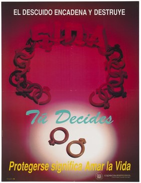 The word 'SIDA' linked within a chain of male and female symbols representing an AIDS prevention advertisement by Coprecos, Peru. Colour lithograph by Paco San Martin, ca. 1995.