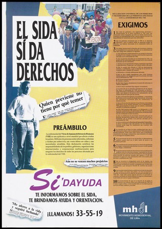 A group of gay men in a protest march about AIDS prevention with quotes about AIDS and a declaration of 10 points about the rights of those with HIV; an advertisement by the Movimiento Homosexual de Lima. Colour lithograph, ca. 1995.