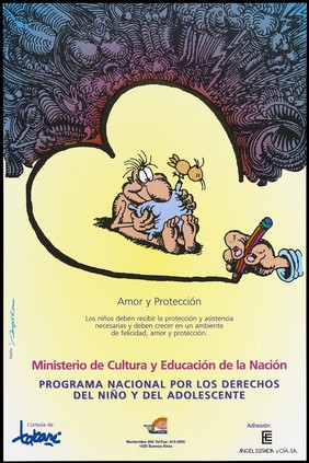 A naked figure sits hugging a purple cushion on which a bird stands; within a line drawn heart edged with devilish creatures; an advertisement for the National Program for the Rights of the Child and Adolescent by the Ministerio de Cultura y Educación de la Nación. Colour lithograph by S (?) Kerm, ca. 1996.