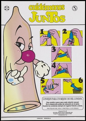 A personified condom with 6 diagrams illustrating how to practice safe sex; an AIDS prevention advertisement by OPL Sida, Oficina para el desarollo del Programa de la Lucha contra el SIDA. Colour lithograph, ca. 1995.