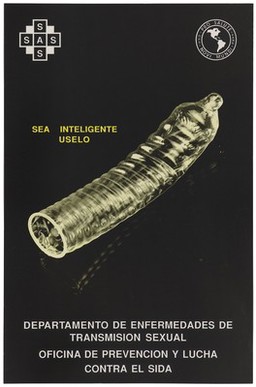 A ribbed condom against a black background representing a safe-sex and AIDS prevention advertisement by the Departemento de Enfermedades de Transmision Sexual, Venezuela. Colour lithograph, ca.