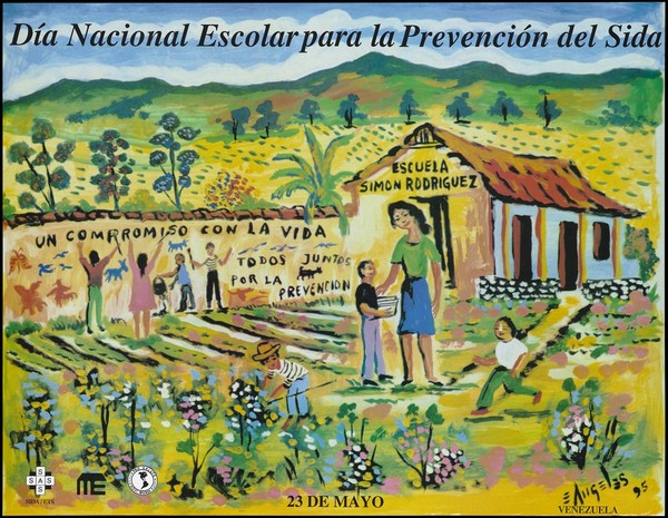 Children tending a garden and illustrating a wall with the words 'un compromiso con la vida' within a school in Venezuela to promote AIDS prevention day on 23rd May (1995). Colour lithograph by Angeles, 1995.