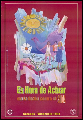 Two women hold up another woman between them, a dove, a personified sun and a flower with facts about AIDS and HIV in Venezuela; an AIDS prevention advertisement. Colour lithograph by Marco Caamaño, 1993.